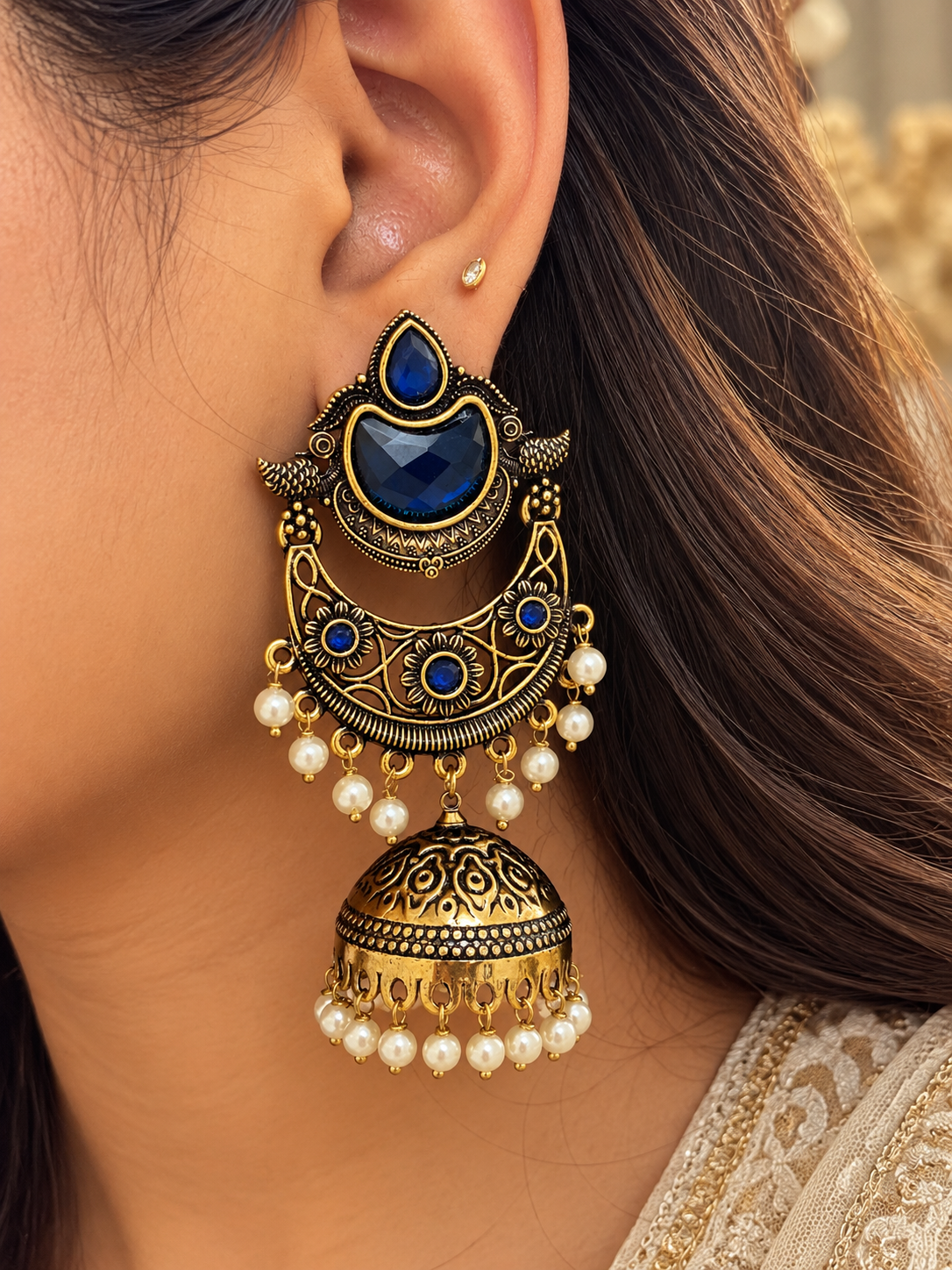 Royal Blue Antique Jhumka Earrings