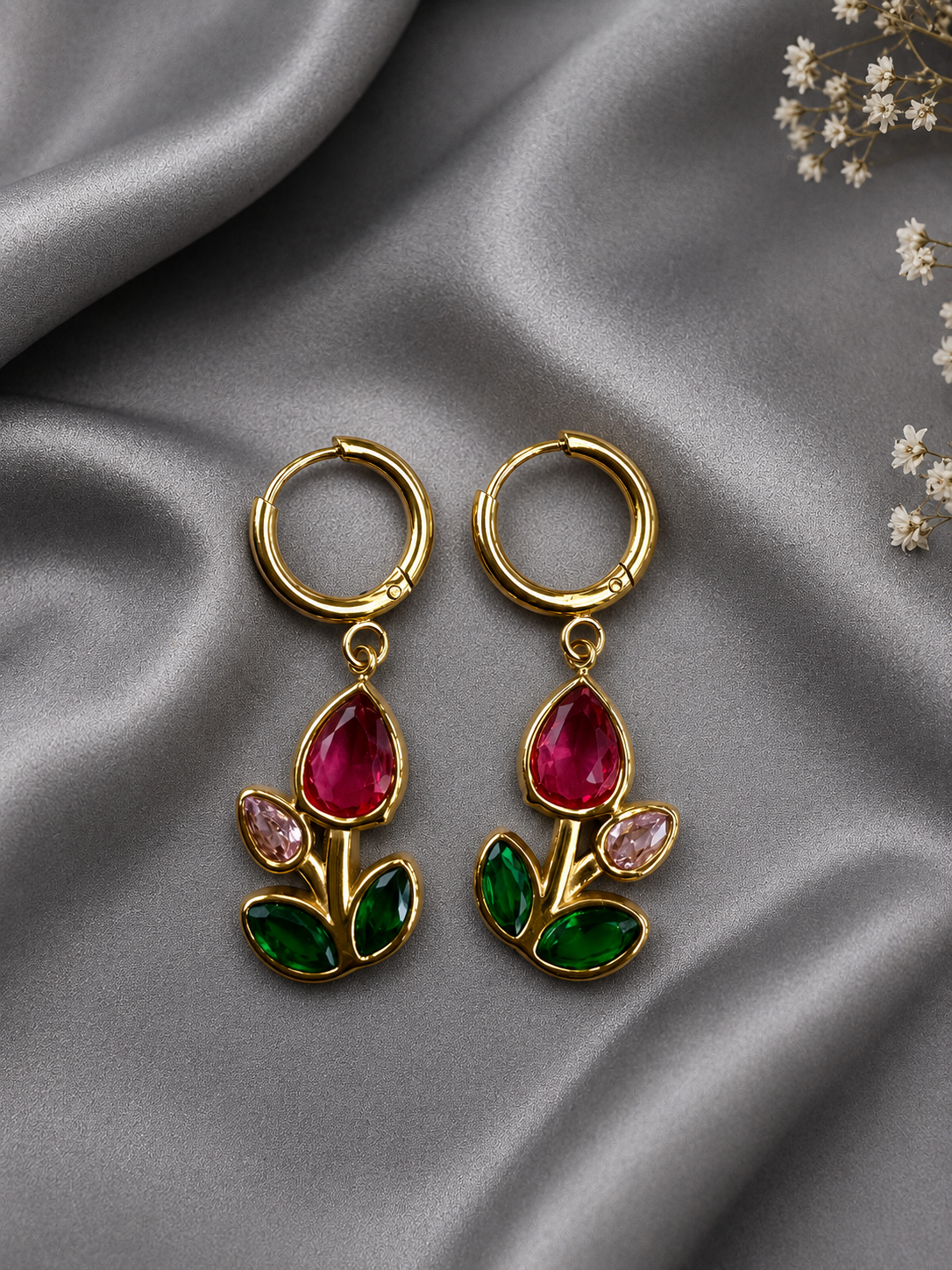 Bloom Charm Hoop Earrings – Pink Floral CZ Drops