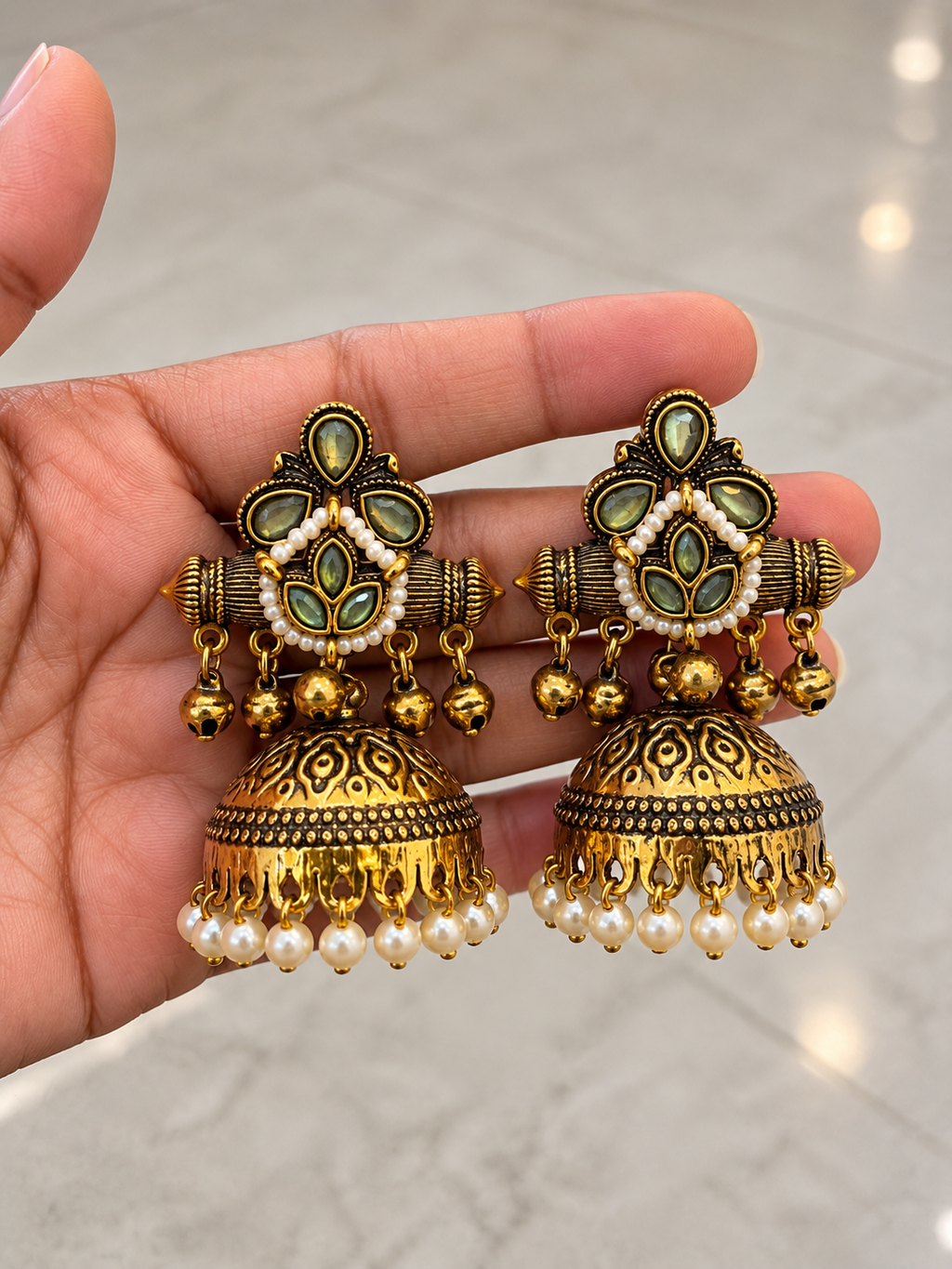Royal Green Floral Jhumka Earrings