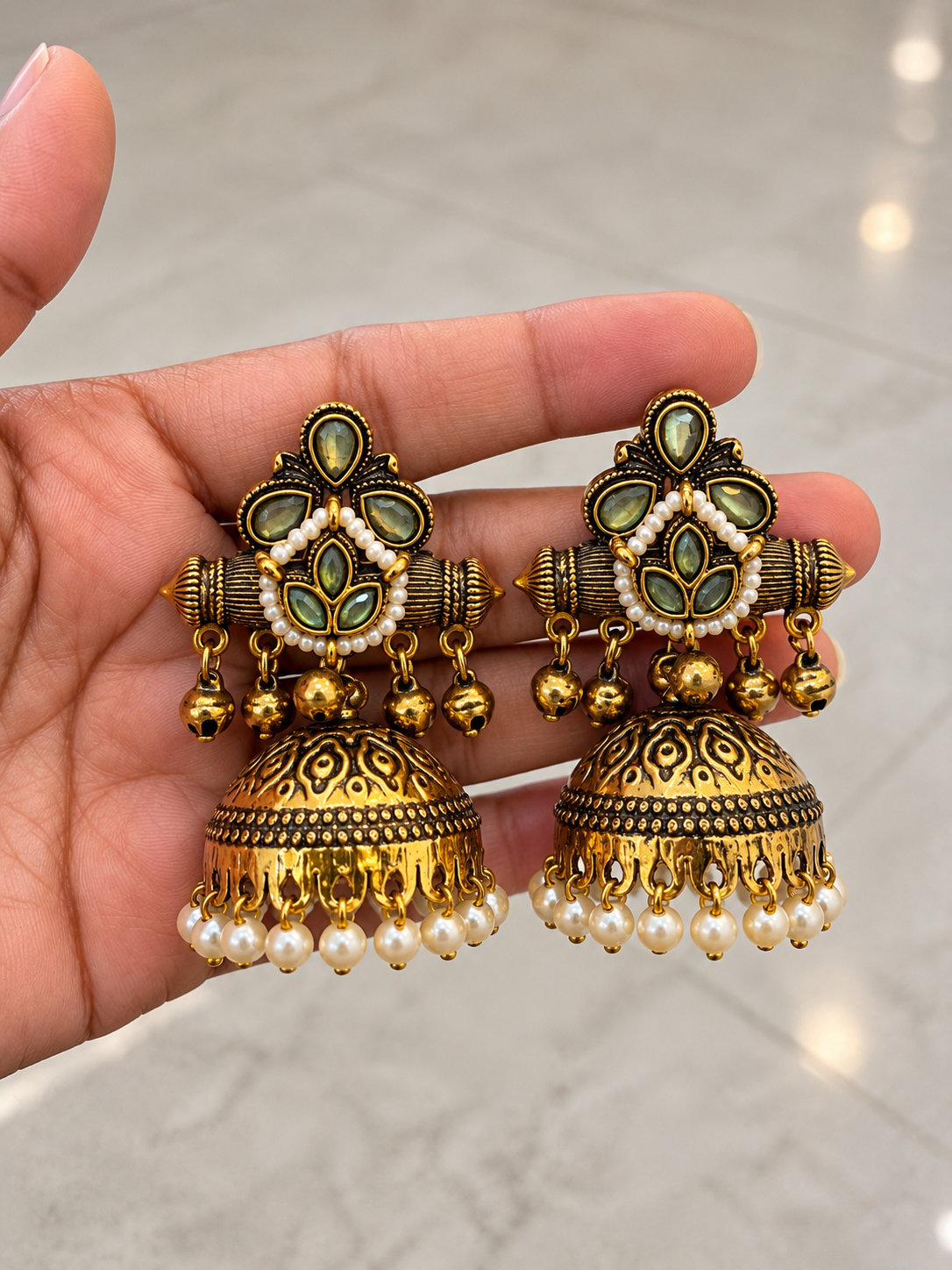 Royal Green Floral Jhumka Earrings