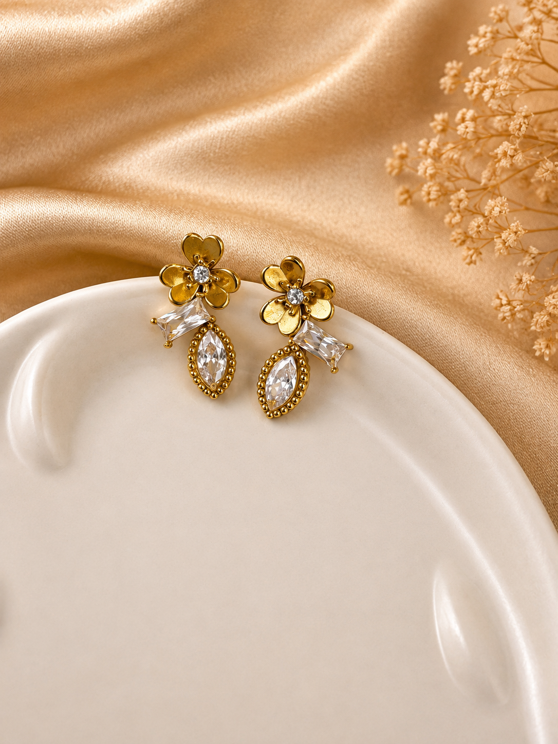Golden Blossom Crystal Drop Earrings