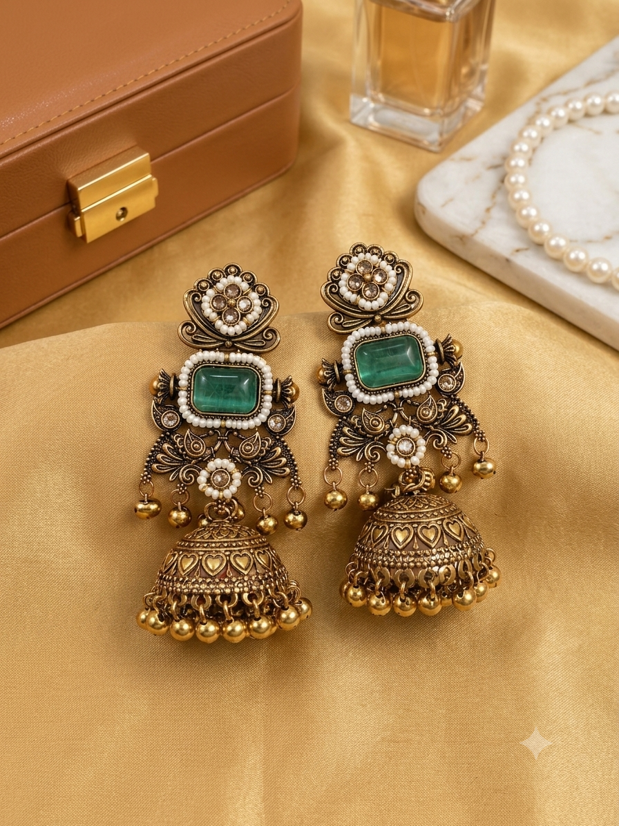Emerald Green Ethnic Jhumka Earrings