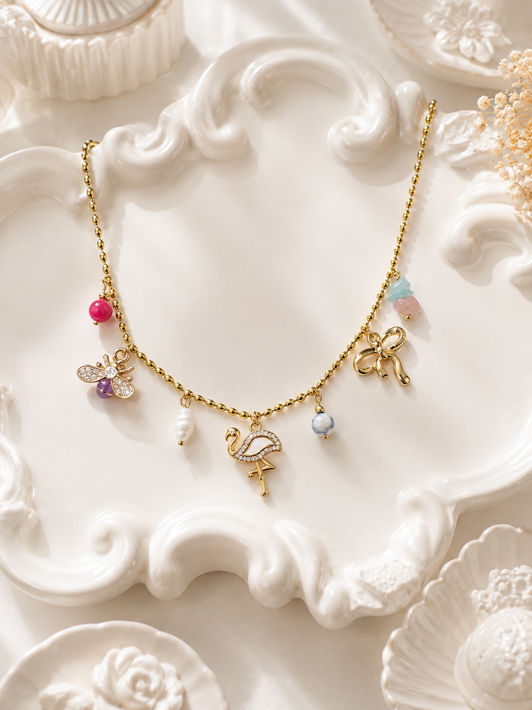 Flamingo Charm Pearl & Bow Necklace
