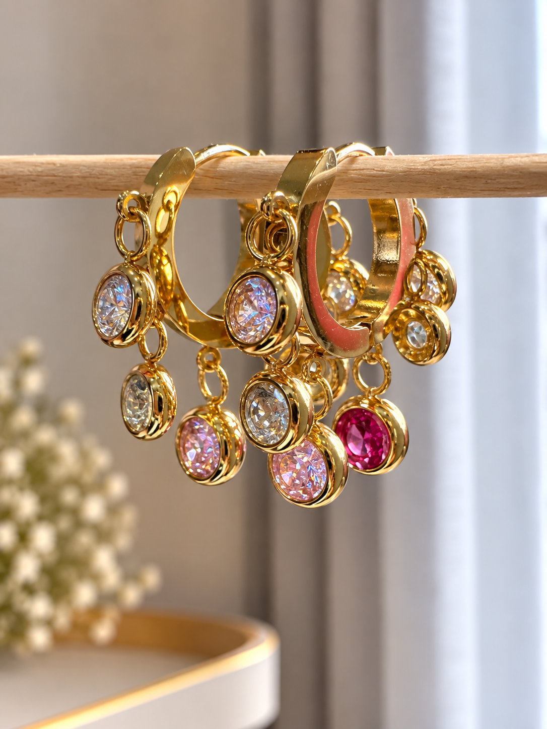 Ruby Blush Crystal Charm Hoops