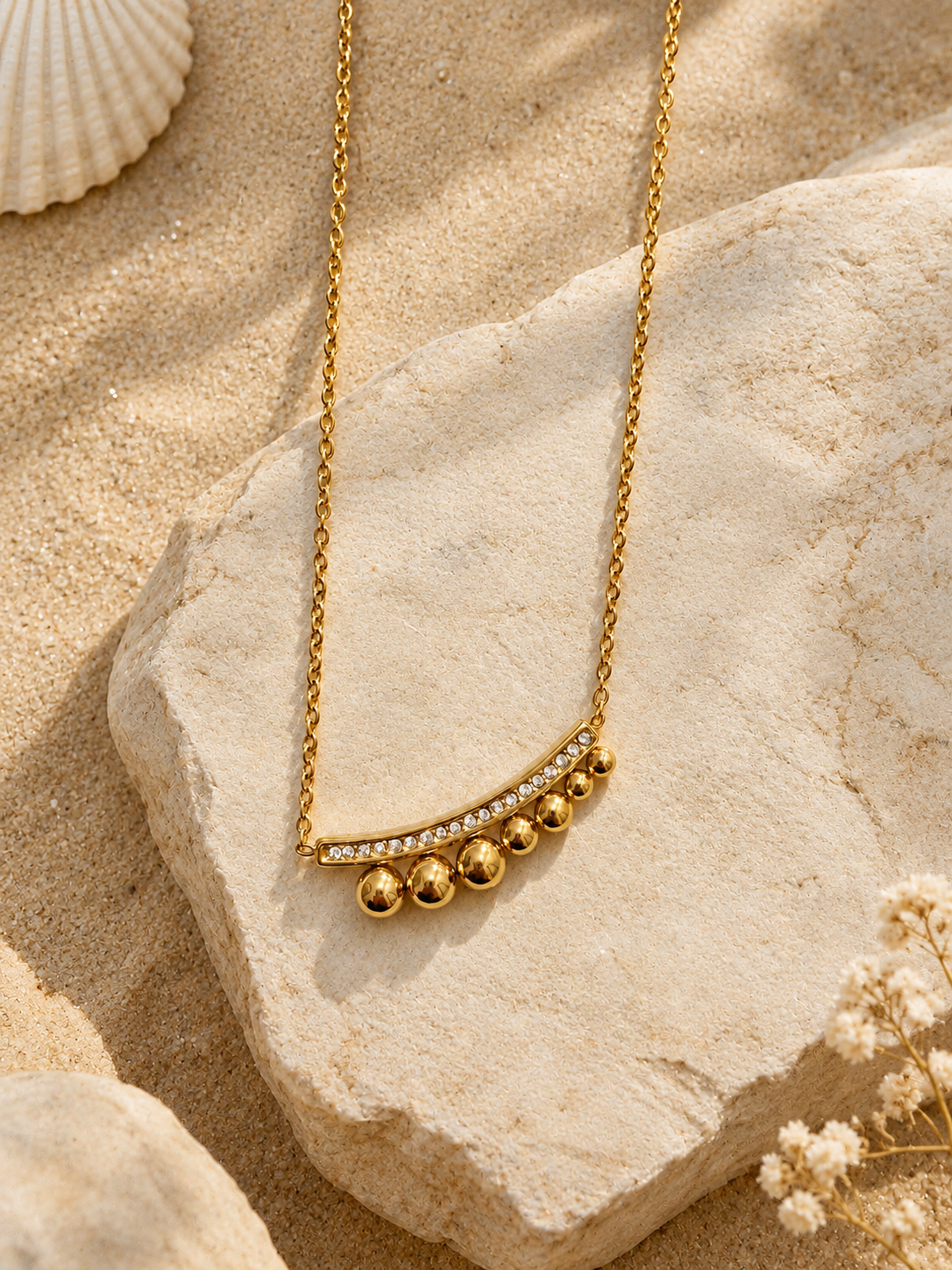 Golden Beaded Crystal Bar Necklace