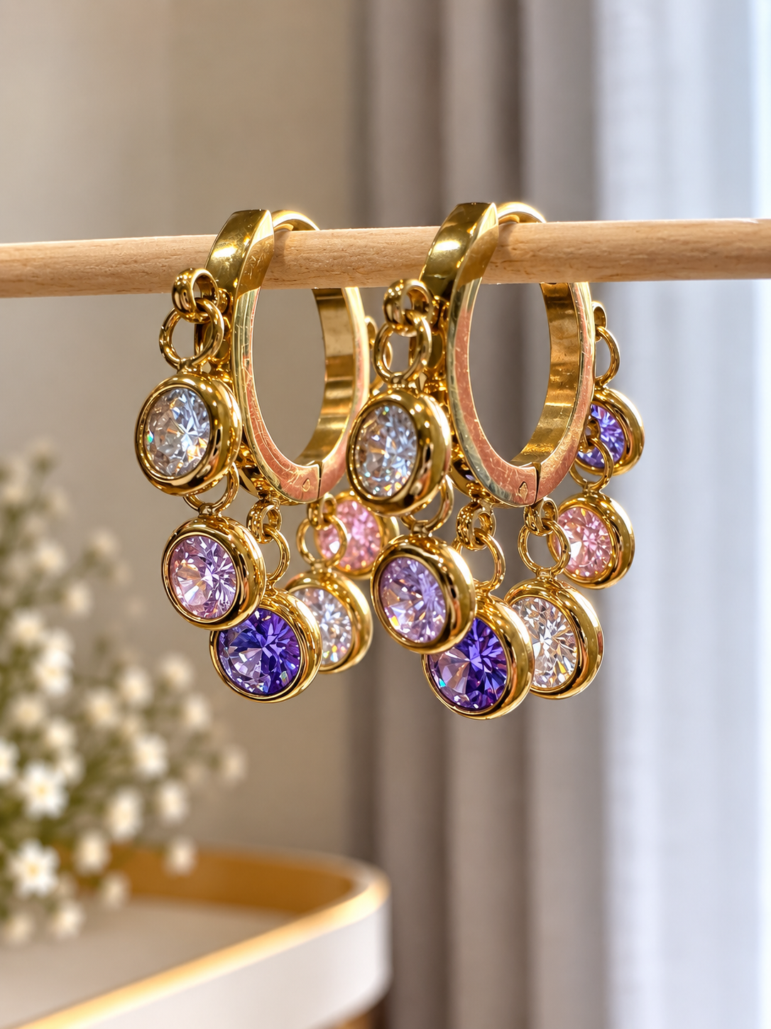 Amethyst & Blush Crystal Charm Hoops