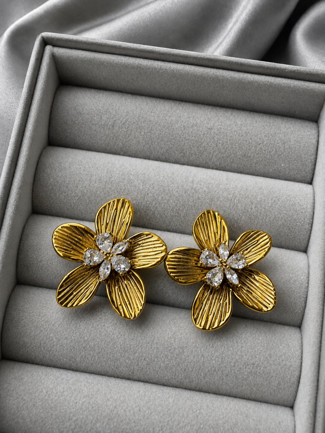 Golden Bloom Crystal Floral Stud Earrings