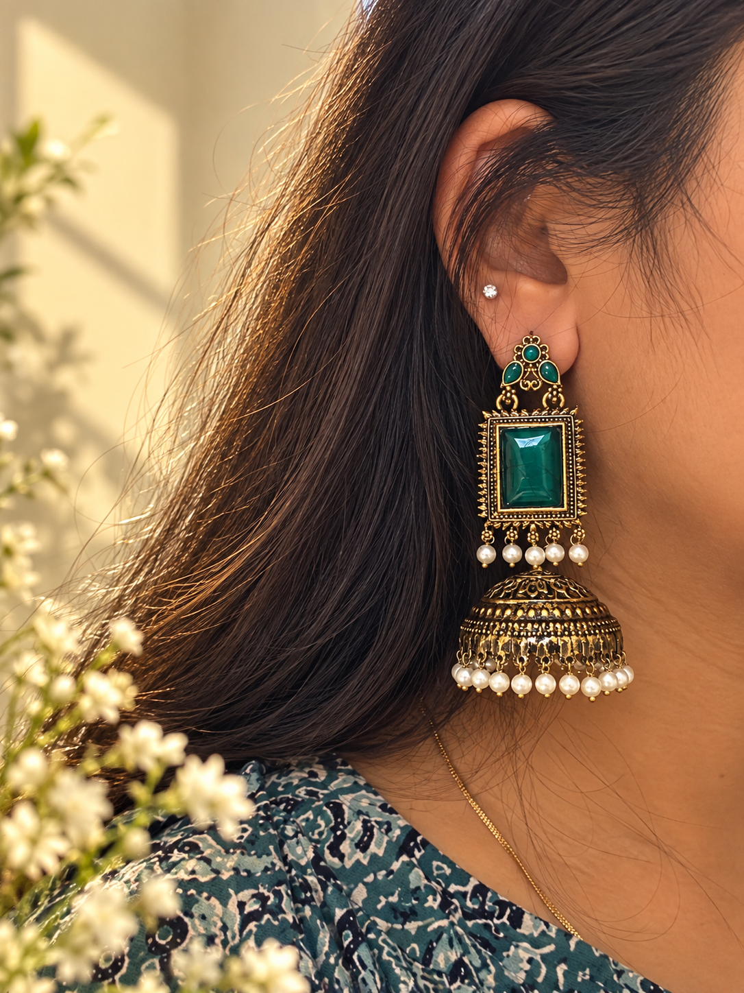 Regal Emerald Green Pearl Jhumka Earrings