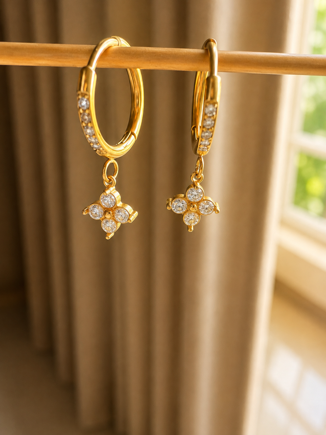 Crystal Clover Drop Huggies Earrings
