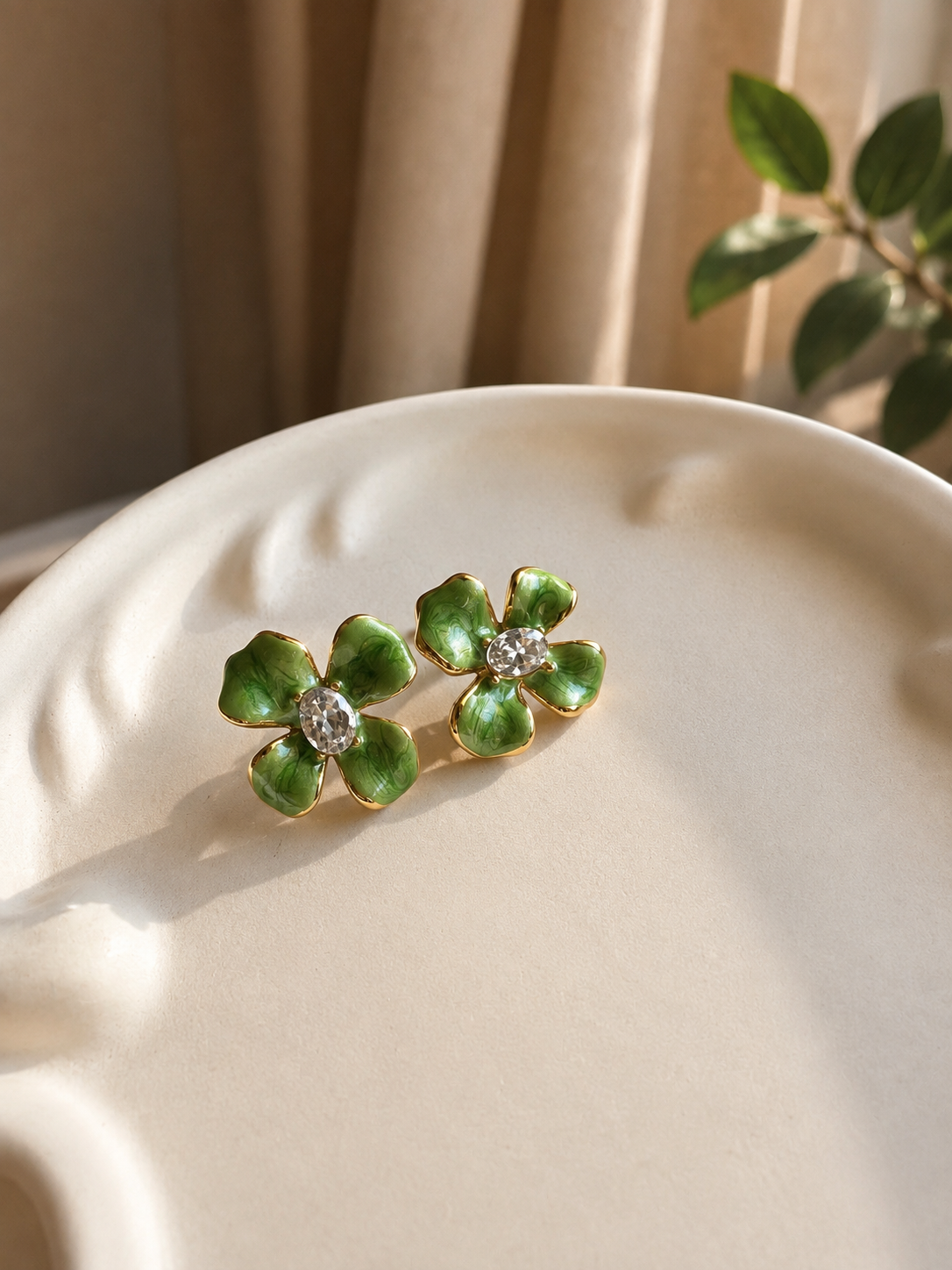 Blooming Green Petal Crystal Stud Earrings