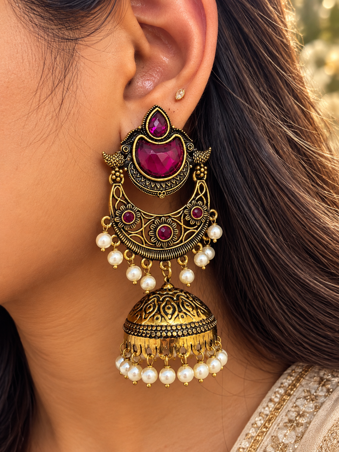 Royal Pink Antique Jhumka Earrings