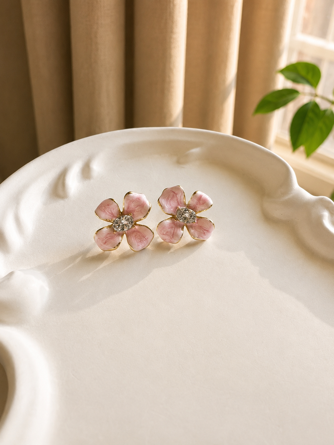 Blooming Pink Petal Crystal Stud Earrings