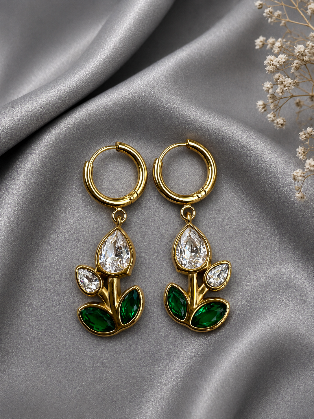 Bloom Charm Hoop Earrings – White Floral CZ Drops
