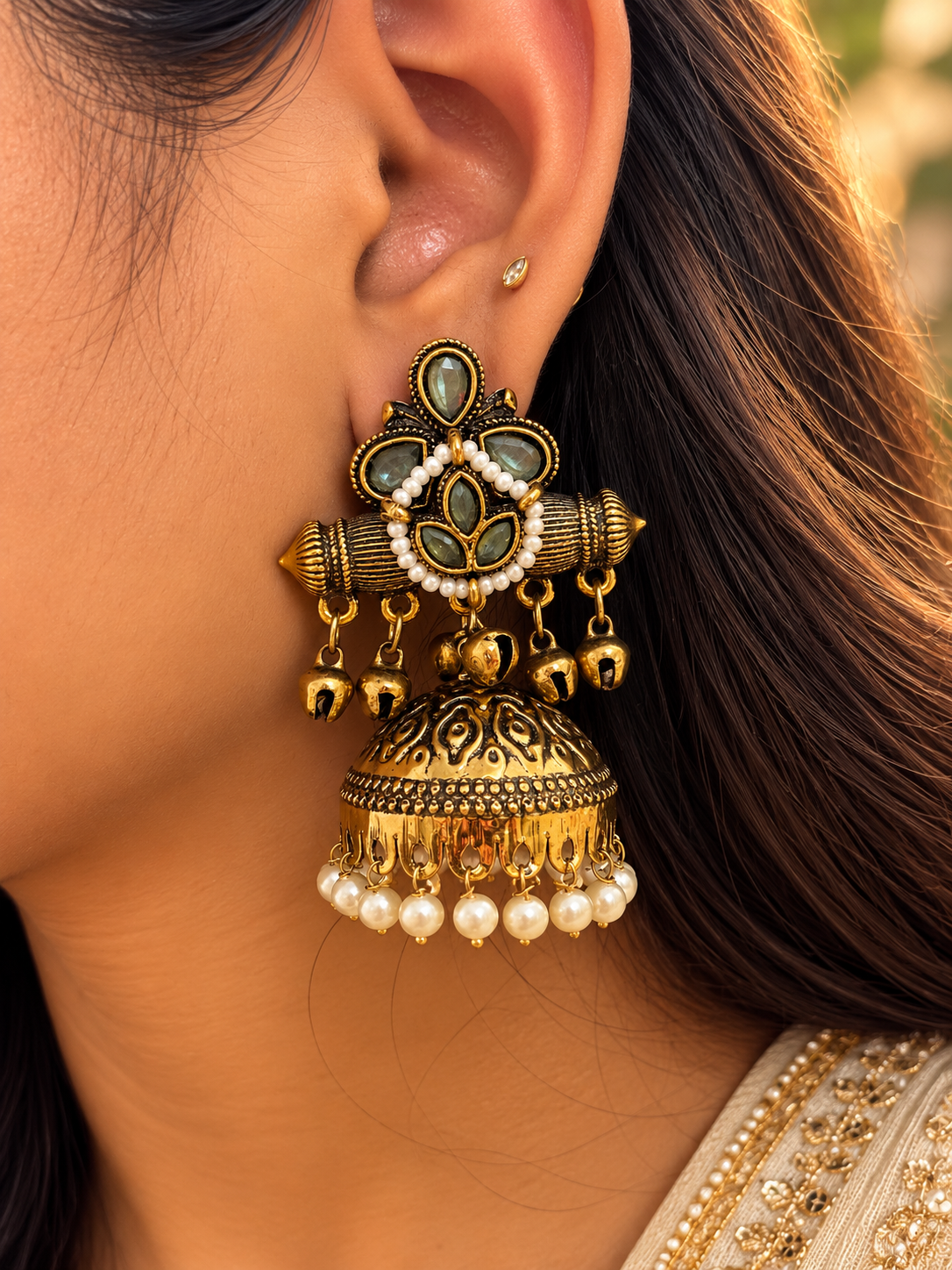 Royal Green Floral Jhumka Earrings