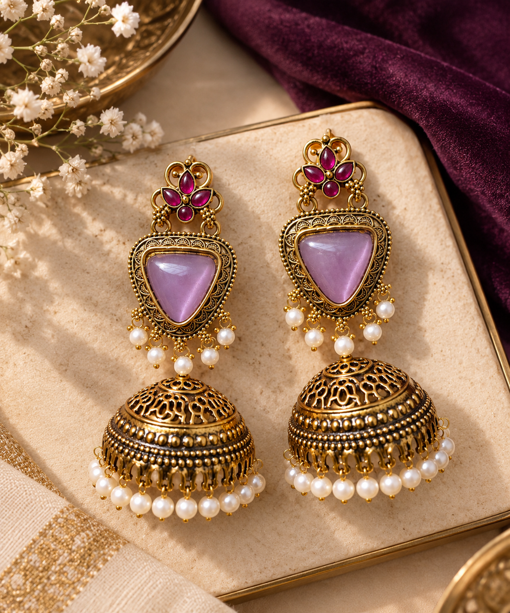 Lavender Royale Statement Jhumka Earrings